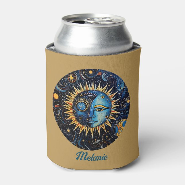 Modern Celestial Galaxy Sun Moon Monogram Can Cooler (Can Front)