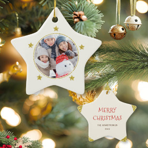 Modern Celestial Gold Stars Christmas Photo Ceramic Ornament