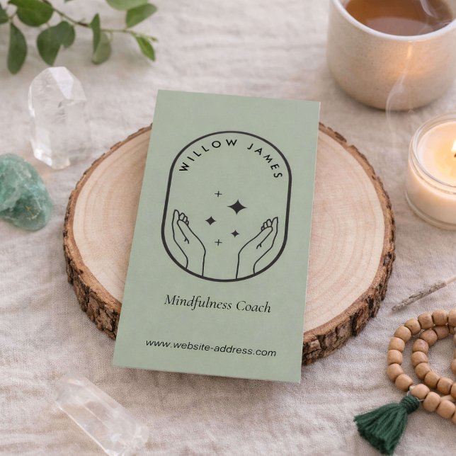 Modern Celestial Mindfulness Life Coach Sage Green Business Card (Creator Uploaded)