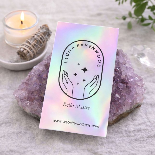 Modern Celestial Reiki Master Healer Holographic Business Card (Creator Uploaded)