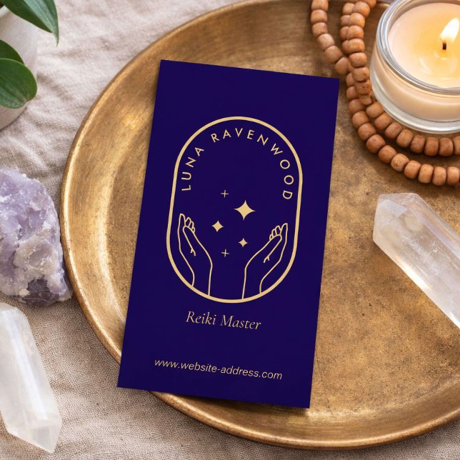 Modern Celestial Reiki Master Healing Hands Blue Business Card (Creator Uploaded)