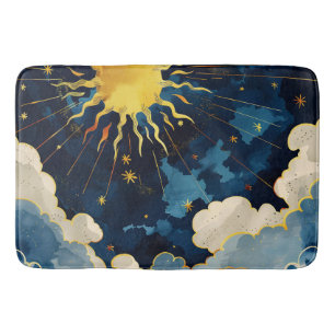 Modern Celestial Sun Stars and Blue Clouds Bath Mat