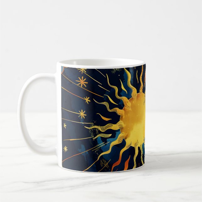 Modern Celestial Sun Stars and Blue Clouds Coffee Mug (Left)