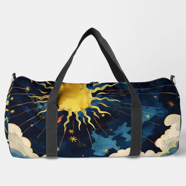 Modern Celestial Sun Stars and Blue Clouds Duffle Bag (Front)