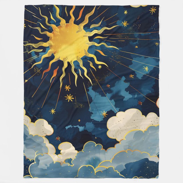 Modern Celestial Sun Stars and Blue Clouds Fleece Blanket (Front)
