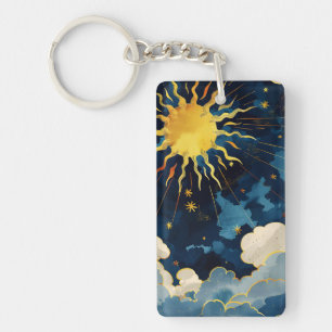 Modern Celestial Sun Stars and Blue Clouds Keychain