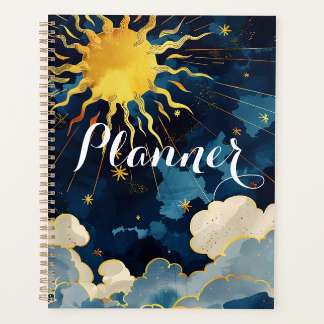 Modern Celestial Sun Stars and Blue Clouds Planner (Front)