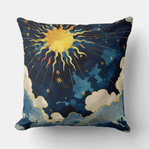 Modern Celestial Sun Stars and Blue Clouds Throw Pillow