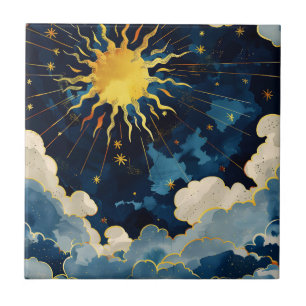 Modern Celestial Sun Stars and Blue Clouds Tile