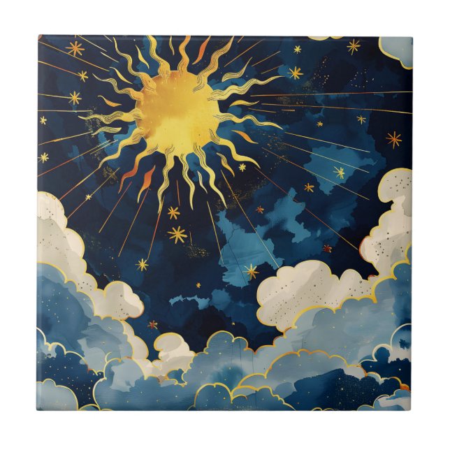 Modern Celestial Sun Stars and Blue Clouds Tile (Front)