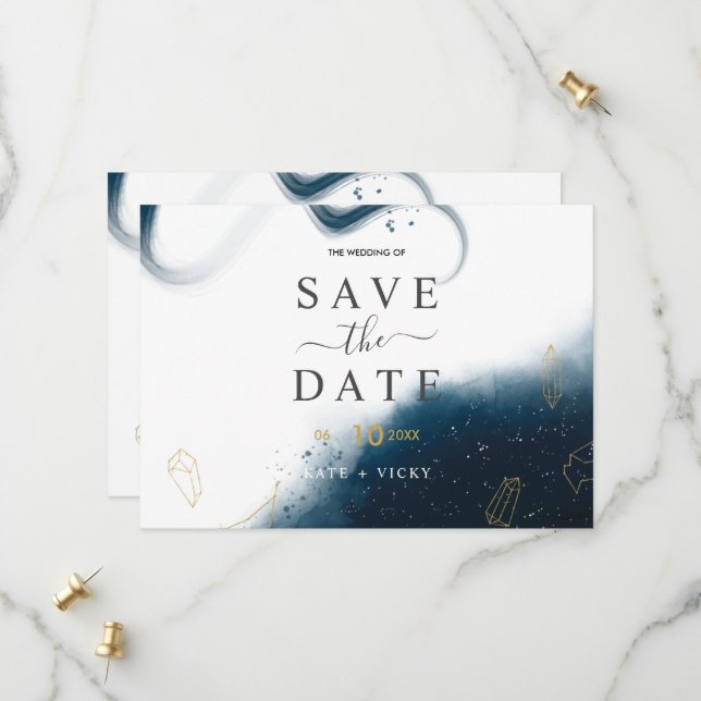 Modern Celestial Watercolor Save The Date Card (Front/Back In Situ)