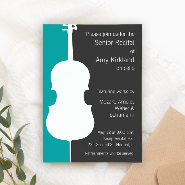 Modern Cello Recital Invitation - Blue (Custom senior recital invitations for cello players.)