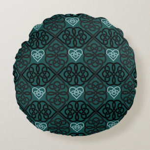 Modern Celtic Knot And Heart Dark Teal Pattern Round Pillow