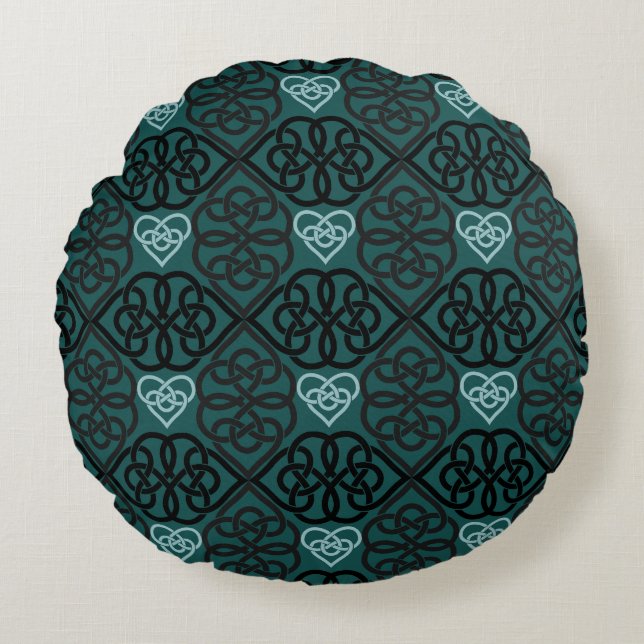 Modern Celtic Knot And Heart Dark Teal Pattern Round Pillow (Front)