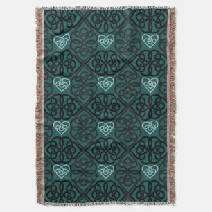 Modern Celtic Knot And Heart Dark Teal Pattern Throw Blanket