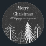 Modern Chalk Snowy Trees Holiday Classic Round Sticker<br><div class="desc">Modern hand-drawn chalk trees and snow on rich watercolor midnight grey background winter holiday sticker. Personalize text,  font style,  colour and size.</div>