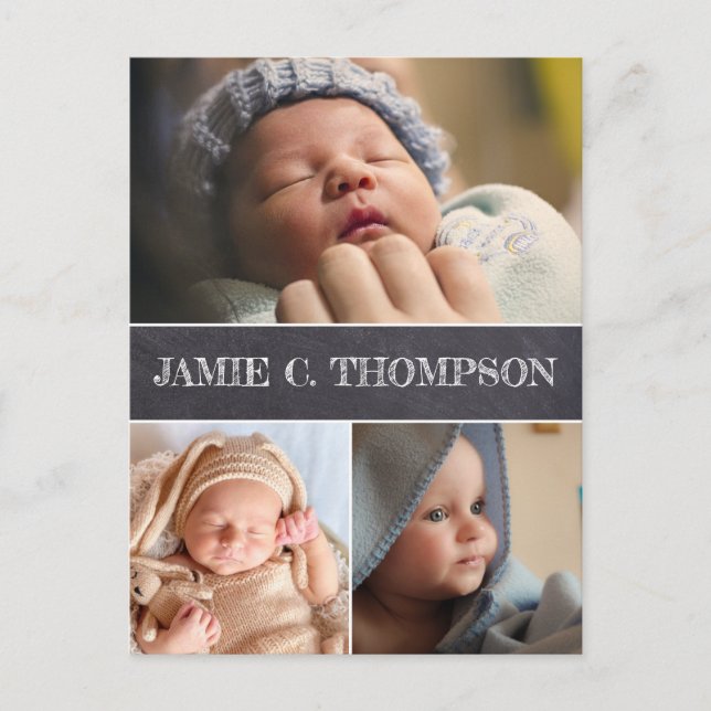 Modern Chalkboard Baby Boy Name Photos Birth Postcard (Front)