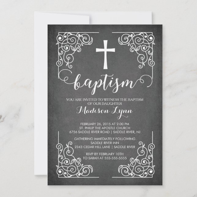 Modern Chalkboard Baptism Christening Cross Invitation (Front)