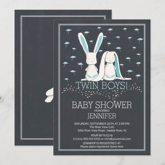 Modern Chalkboard Bunny TWIN Boys Baby Shower Invitation (Front/Back)
