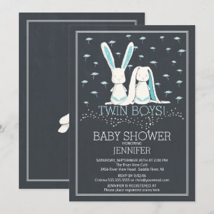 Modern Chalkboard Bunny TWIN Boys Baby Shower Invitation