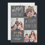 Modern Chalkboard Custom Photo Holiday Christmas Card<br><div class="desc">The design features 3 of your favourite family holiday photos. "Merry Christmas and a Happy New Year from" is in a modern script and font typography with christmas balls and foliage accents. Personalize it with your favourite photos,  names and message.</div>
