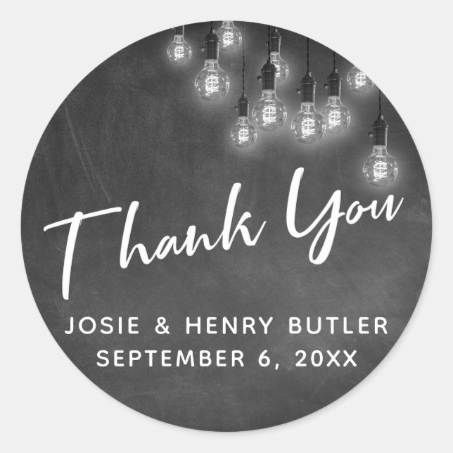 Modern Chalkboard & Edison Lights Thank You Classic Round Sticker (Front)