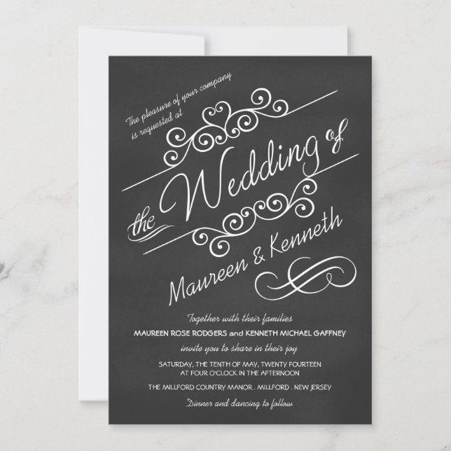 Modern Chalkboard Fancy Scrolls Wedding Invitation (Front)