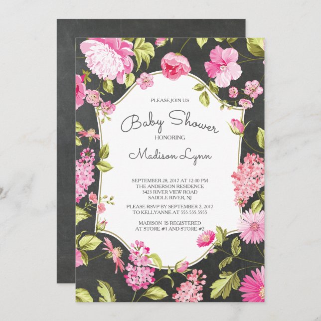 Modern Chalkboard Floral Baby Shower Invitation (Front/Back)