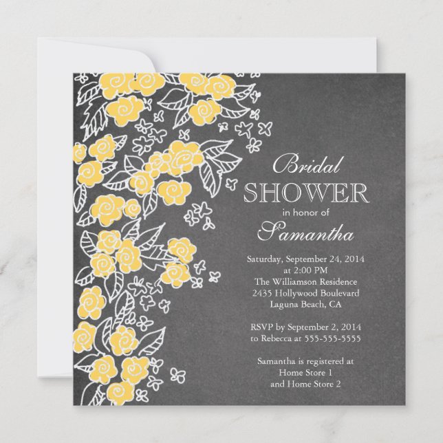 Modern Chalkboard Flower Grey Yellow Bridal Shower Invitation (Front)