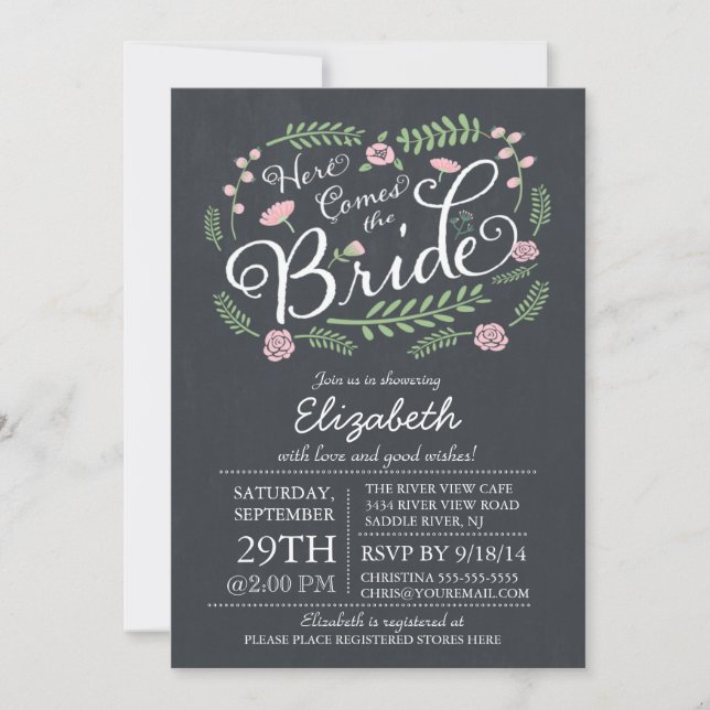 Modern Chalkboard Here Comes The Bride Floral Invitation (Front)