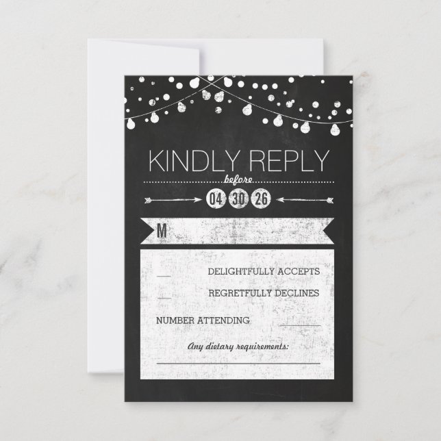 Modern Chalkboard Lights Wedding RSVP Card (Front)
