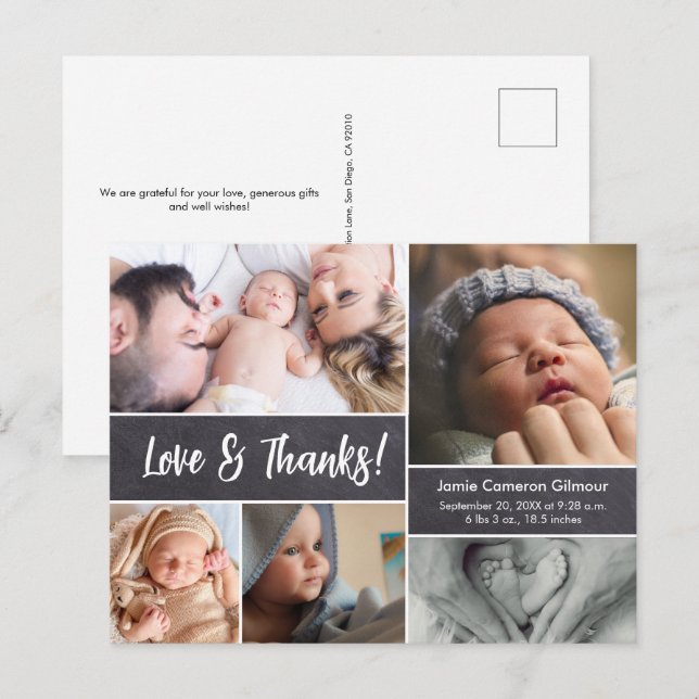Modern Chalkboard Love Thanks baby photo collage Postcard (Front/Back)