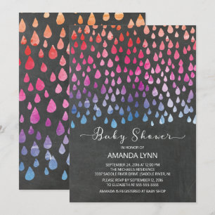 Modern Chalkboard Raindrops Neutral Baby Shower Invitation