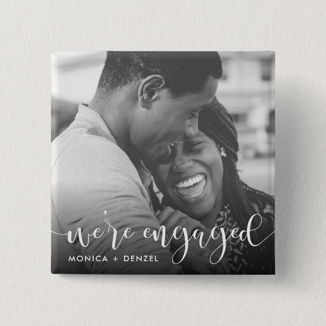 Modern Chalkboard & Script Engagement Party Photo 2 Inch Square Button (Front)