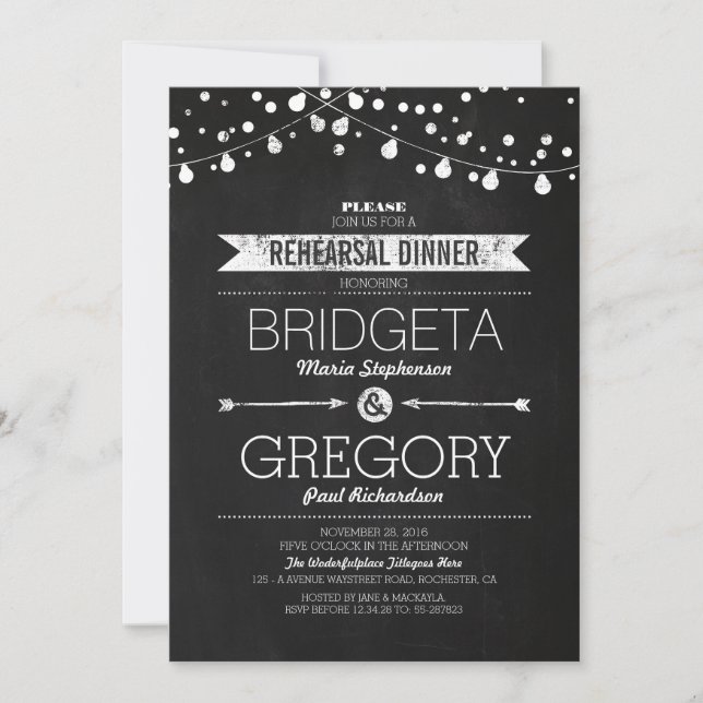Modern Chalkboard String Lights Rehearsal Dinner Invitation (Front)