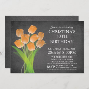 Modern Chalkboard Typographic Tulip Birthday Party Invitation