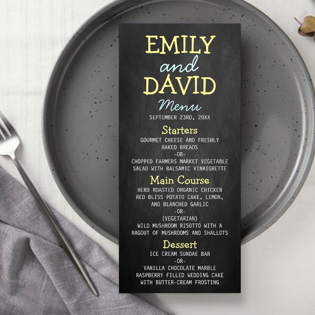 Modern Chalkboard Typography Wedding Menu Cards (Creator Uploaded)