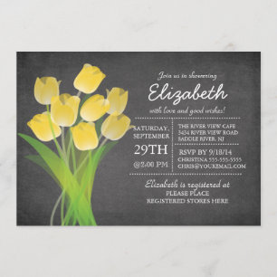 Modern Chalkboard Yellow Tulip Girls Baby Shower Invitation