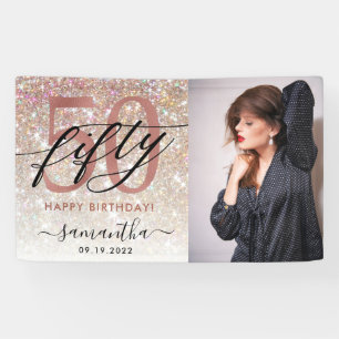 Modern Champagne Glitter 50th Birthday Photo  Banner