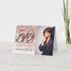 Modern Champagne Glitter 50th Birthday Photo Card