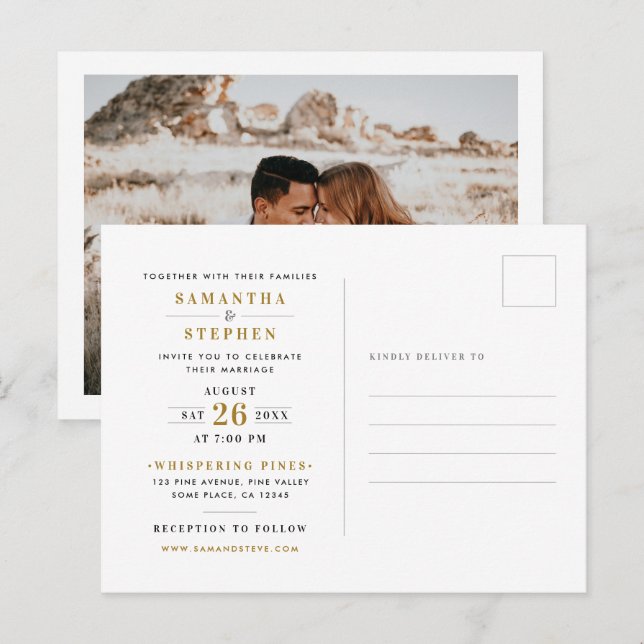 Modern Champagne Gold Photo Wedding Invitation Postcard (Front/Back)