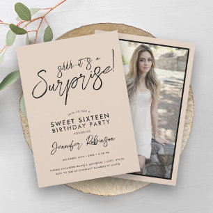 Modern Champagne Photo Surprise Sweet 16 Invitation