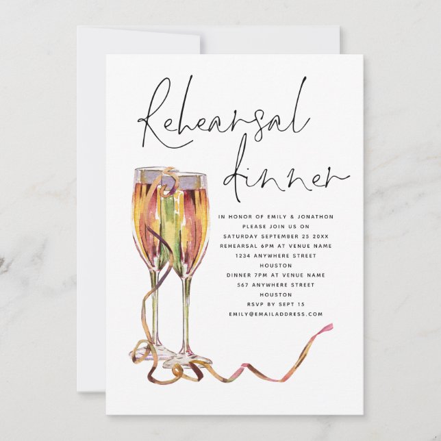 Modern Champagne Script Wedding Rehearsal Dinner Invitation (Front)