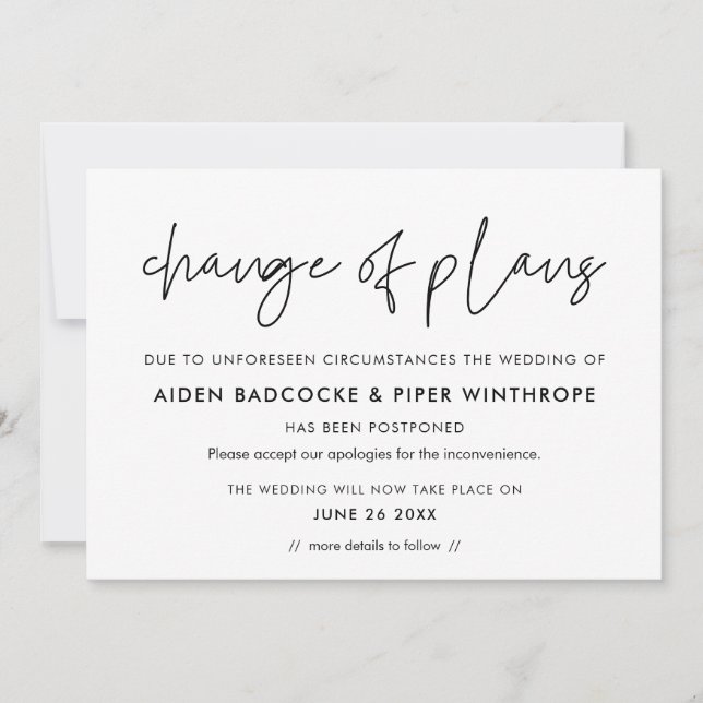 Modern  Change of plans postponed wedding card (Front)