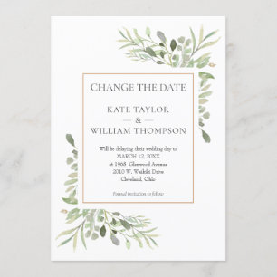 Modern Change the Date Watercolour Greenery Invitation