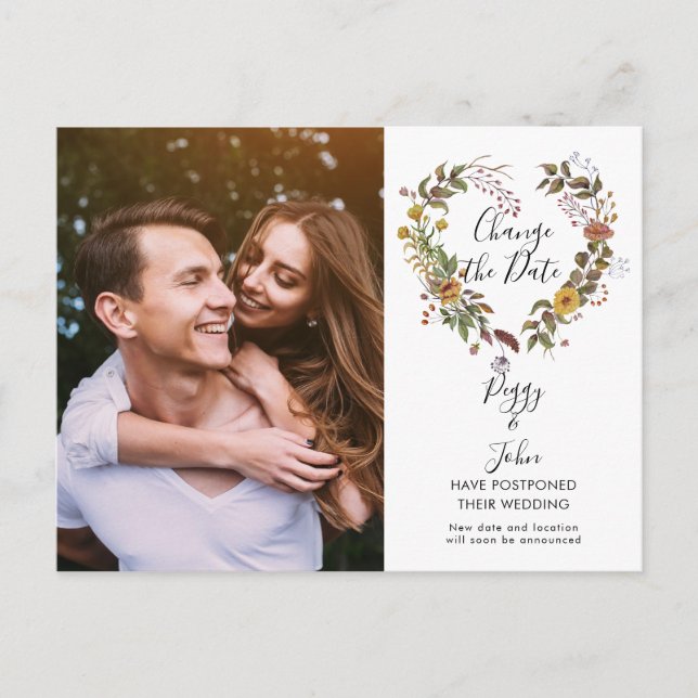 Modern Change the Date Wedding Photo Floral Postcard (Front)