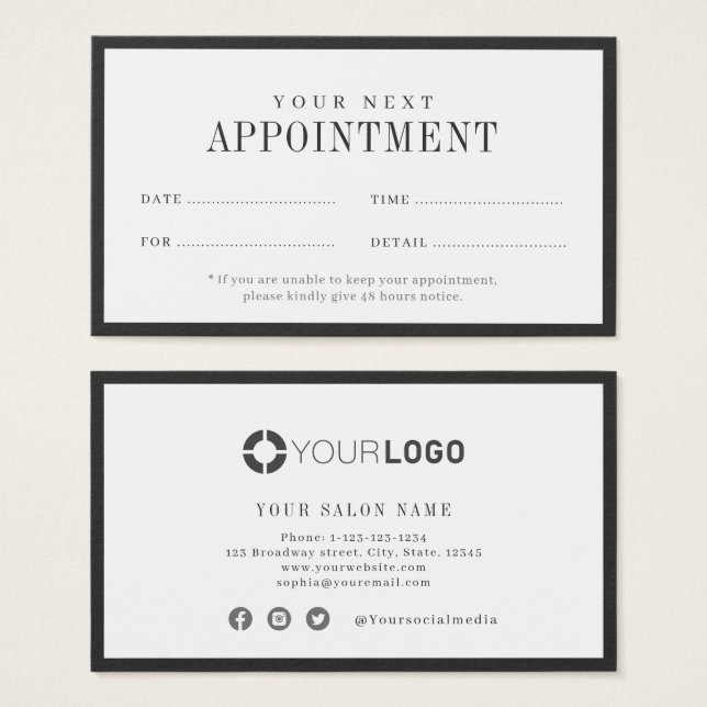 Modern charcoal black border appointment card (Front & Back)