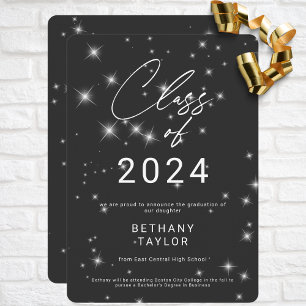 Modern Charcoal Black & White Sparkle Graduation Announcement