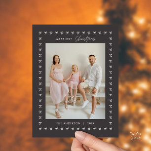 Modern Charcoal Bow Pattern Family Photo Christmas Postcard