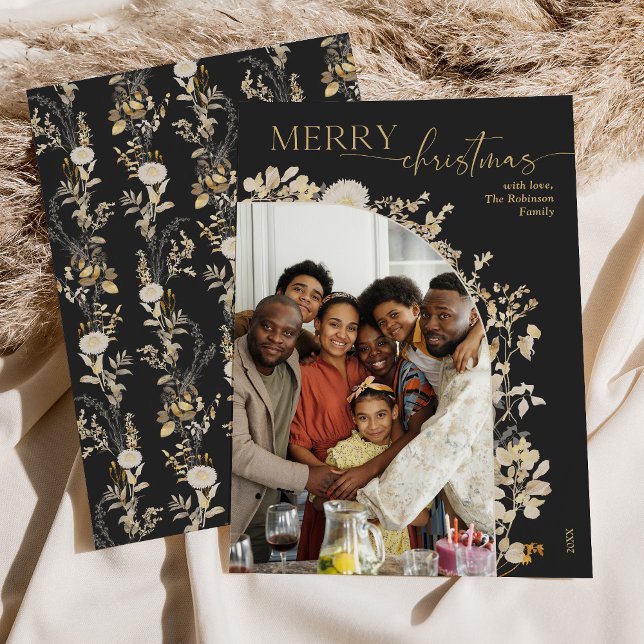 Modern Charcoal Gold Floral Arch Photo Christmas Holiday Card (Creator Uploaded)